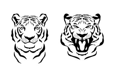 Vector Hand Tek Krom Siyah ve Beyaz Kaplan Surat. Noble Tiger Head için giysi baskısı, dövme, kumaş, tişört, kart baskısı, logo tasarımı. Kaplan Yılı Sembolü