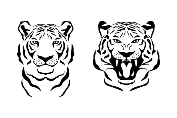 Faccia di tigre monocromatica disegnata a mano vettoriale in bianco e nero. Nobile Tigre Testa per Abbigliamento Stampa, Tatuaggio, Tessuti, T-shirt, Card Print, Logo Design. Simbolo dell'Anno della Tigre — Vettoriale Stock