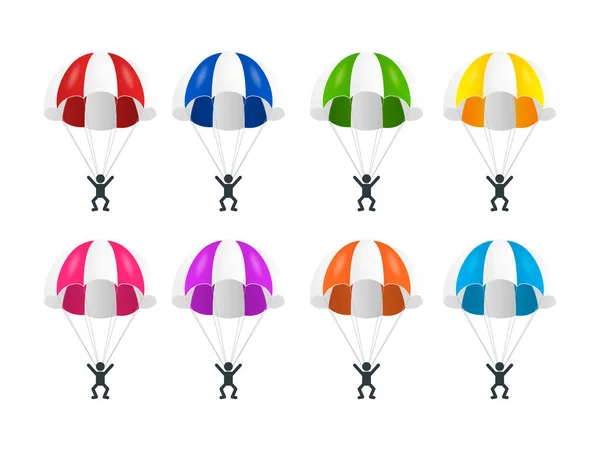 Parachute à rayures réaliste vectoriel 3d avec ensemble parachutiste isolé. Parachute Jump Concept. Parachutes colorés avec Man Icon. L'homme vole en parachute — Image vectorielle