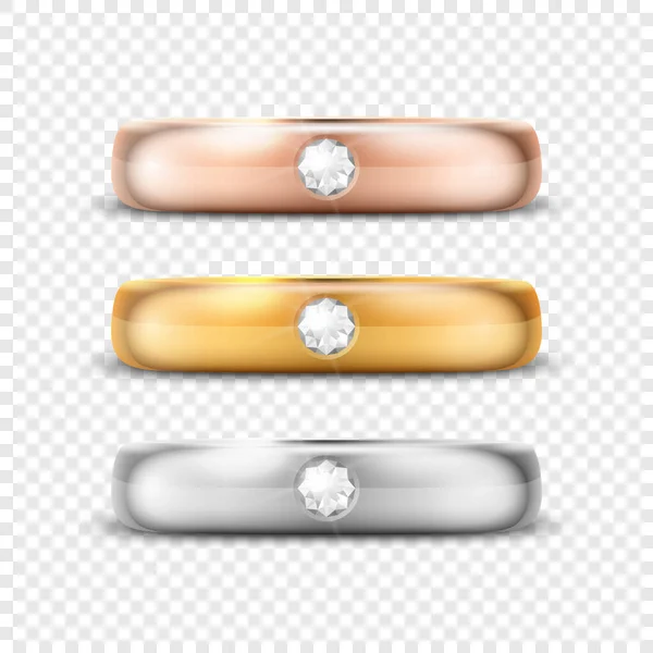 Vector 3d Realistic Gold and Silver Metal Wedding Ring with Gemstone, Diamond Icon Set Closeup Isolated. 샤이니 골든 반지의 디자인 템플릿. 클 리 부분, 모 토우. 측면, 전면 견해 — 스톡 벡터
