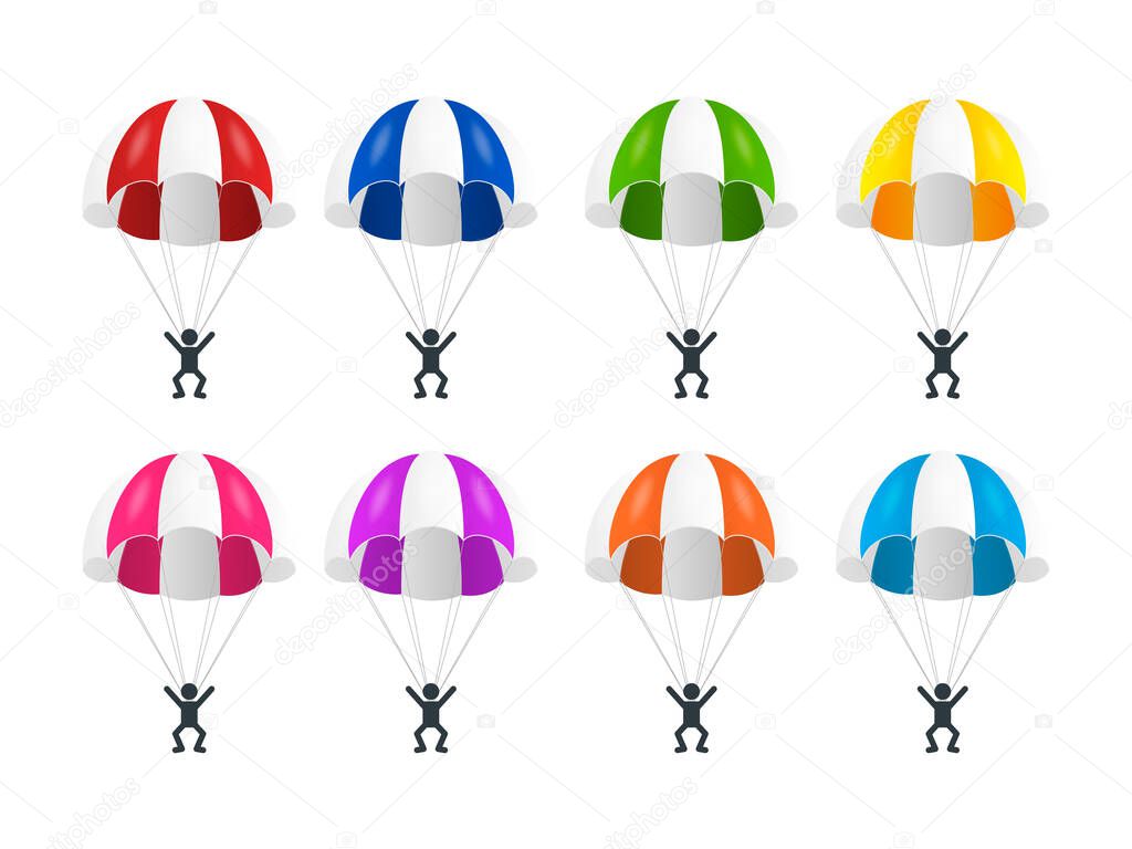 Vector 3d Realistic Striped Parachute with Skydiver Set Isolated. Parachute Jump Concept. Colored Parachutes with Man Icon. Man is Flying on a Parachute