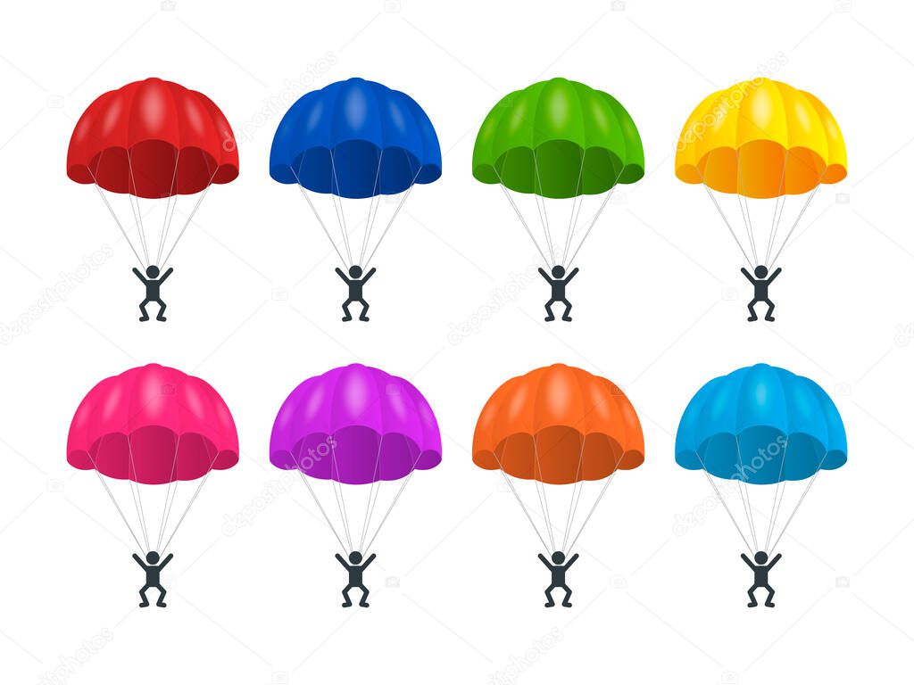 Vector 3d Realistic Red, Blue, Green, Yellow, Pink, Purple, Orange, Blue Parachute with Skydiver Set Isolated. Parachute Jump Concept. Colored Parachutes with Man Icon. Man is Flying on a Parachute