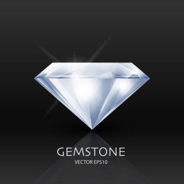 3d Gerçekçi Beyaz Şeffaf Gemstone, Elmas, Kristal, Siyah Üzerine Yapay Elmas Kapanışı ile Vektör Banner. Mücevher konsepti. Tasarım Şablonu, Clipart. Yan Görünüm