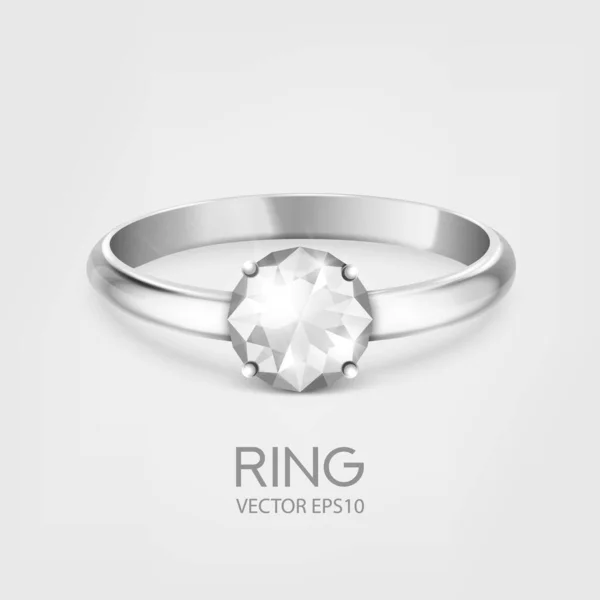 Vector 3d Realistic Silver Metal Wedding Ring with Gemstone, Diamond Closeup Isolated. 샤이니 골든 반지의 디자인 템플릿. 측면, 전면 견해 — 스톡 벡터