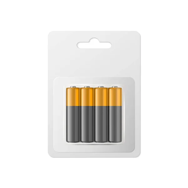 Vector 3d Realistic Alkaline AA Baterias em Blister, Embalagem. Pacote de acumulador de papel branco isolado. Modelo de design de baterias para Branding, Mockup. Fechar. — Vetor de Stock