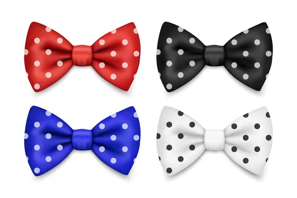 Vector 3d Realistic Polka Dot Red, Blue, White, Black Bow Tie Icon Set Closeup Isolated Silk Glossy Bowtie, Tie Gentleman. Mockup, Design Template Лук-краватка для людини. Mens Fashion, Fathers Day Holiday — стоковий вектор