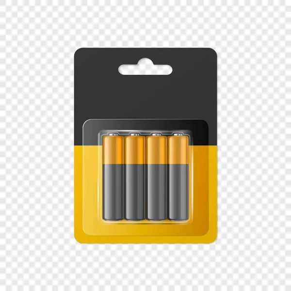 Vector 3d realistas pilas AA alcalinas en blister, embalaje. Paquete de acumulador de papel negro y amarillo aislado. Plantilla de diseño de Baterías para Branding, Mockup. Primer plano. — Vector de stock