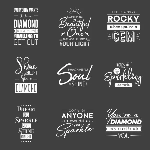 Conjunto de citas tipográficas vectoriales vintage. Piedra preciosa, diamante, chispa, concepto de la joyería. Motivational Inspirational Posters, Typography, Lettering. Sabios refranes para impresiones de ropa, camisetas, póster de pared — Vector de stock