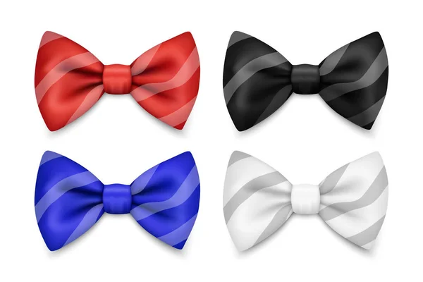 Vetor 3d realista listrado vermelho, azul, branco, preto arco gravata ícone conjunto closeup isolado. Silk Glossy Bowtie, Tie Gentleman. Mockup, Modelo de Design. Gravata de arco para o Homem. Moda Masculina, Feriado do Dia dos Pais —  Vetores de Stock