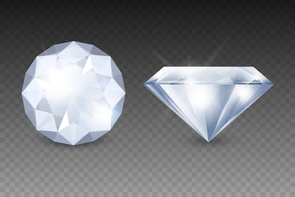 Vector 3d Realistic White Transparent Gemstone, Diamond, Crystal, Rhinestones Icon Set Closeup Isolated. Jewerly Concept. Design Template, Clipart. Top and Side View — Stock Vector