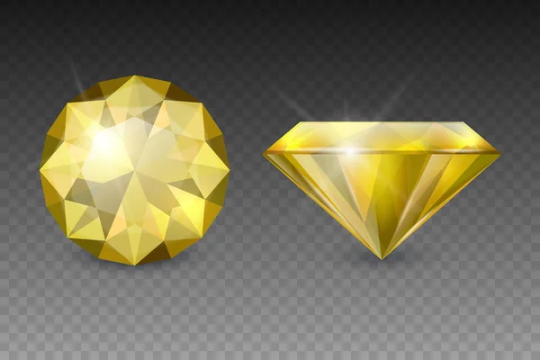 ベクトル3Dリアルなイエロー透明宝石、ダイヤモンド、クリスタル、ラインストーンアイコンセット閉鎖絶縁。ユダヤ教の概念。デザインテンプレート、クリッパート。上面と側面図 — ストックベクタ