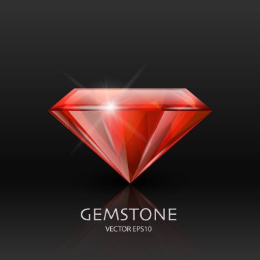 3d Gerçekçi Kırmızı Şeffaf Taşı, Elmas, Kristal, Siyah Üzerine Yapay Elmas Kapanışı ile Vektör Banner. Mücevher konsepti. Tasarım Şablonu, Clipart. Yan Görünüm
