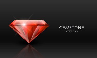 3d Gerçekçi Kırmızı Şeffaf Taşı, Elmas, Kristal, Siyah Üzerine Yapay Elmas Kapanışı ile Vektör Banner. Mücevher konsepti. Tasarım Şablonu, Clipart. Yan Görünüm