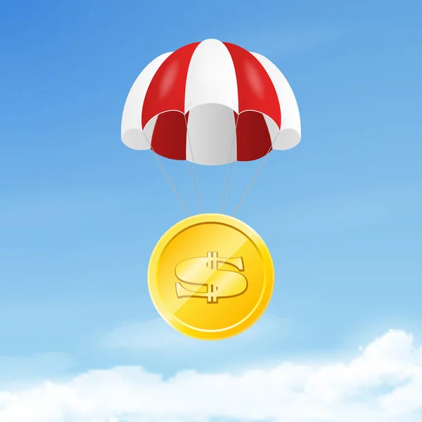 Vector Realistic Golden Dollar Coin Cent Parachute Blue Sky Background — Vetor de Stock