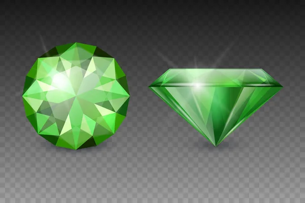 ベクトル3Dリアルなグリーン透明宝石 ダイヤモンド クリスタル ラインストーンアイコンセット閉鎖絶縁 ユダヤ教の概念 デザインテンプレート クリッパート 上面と側面図 — ストックベクタ
