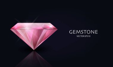 3 boyutlu Gerçekçi Pembe Şeffaf Gemstone, Elmas, Kristal, Yapay Elmas Kapanış Siyah üzerine Vektör Yatay Sancak. Mücevher konsepti. Tasarım Şablonu, Clipart. Yan Görünüm.