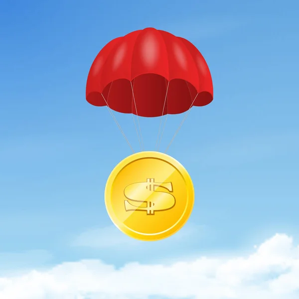 Vector Realistic Golden Dollar Coin Cent Red Parachute Blue Sky — Vetor de Stock