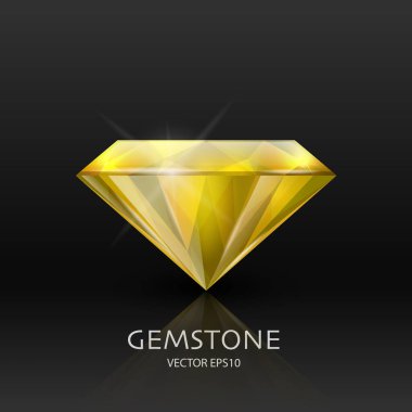 3d Gerçekçi Sarı Şeffaf Gemstone, Elmas, Kristal, Siyah Üzerine Yapay Elmas Kapanışı ile Vektör Banner. Mücevher konsepti. Tasarım Şablonu, Clipart. Yan Görünüm.
