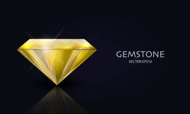 3 boyutlu Gerçekçi Sarı Şeffaf Gemstone, Elmas, Kristal, Yapay Elmas Siyah Üzerine Kapanış Yapıştırmalı Vektör Yatay Sancak. Mücevher konsepti. Tasarım Şablonu, Clipart. Yan Görünüm.