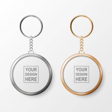 Vektör 3d Gerçekçi Beyaz Yuvarlak Anahtarlık, Gümüş ve Altın Yüzük ve Beyaz Anahtarlık Zinciri. Yüzüklü Rozet. Plastik, Zincirli Metal Kimlik Kartı Anahtar Tutucu, Tasarım Şablonu, Model.