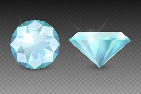 ベクトル3Dリアルなブルー透明な宝石 ダイヤモンド クリスタル ラインストーンアイコンセット閉鎖絶縁 ユダヤ教の概念 デザインテンプレート クリッパート 上面と側面図 — ストックベクタ