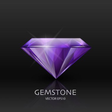 3d Gerçekçi Mor Şeffaf Gemstone, Elmas, Kristal, Siyah Üzerine Yapay Elmas Kapanışı ile Vektör Banner. Mücevher konsepti. Tasarım Şablonu, Clipart. Yan Görünüm.
