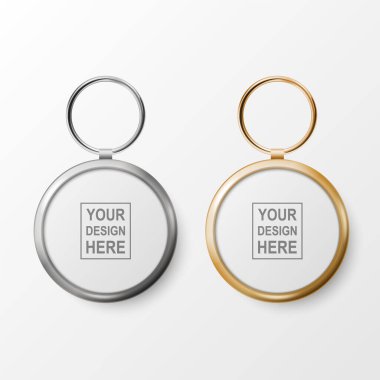 Vektör 3d Gerçekçi Beyaz Yuvarlak Anahtarlık, Gümüş ve Altın Yüzük ve Beyaz Anahtarlık Zinciri. Yüzüklü Rozet. Plastik, Zincirli Metal Kimlik Kartı Anahtar Tutucu, Tasarım Şablonu, Model.