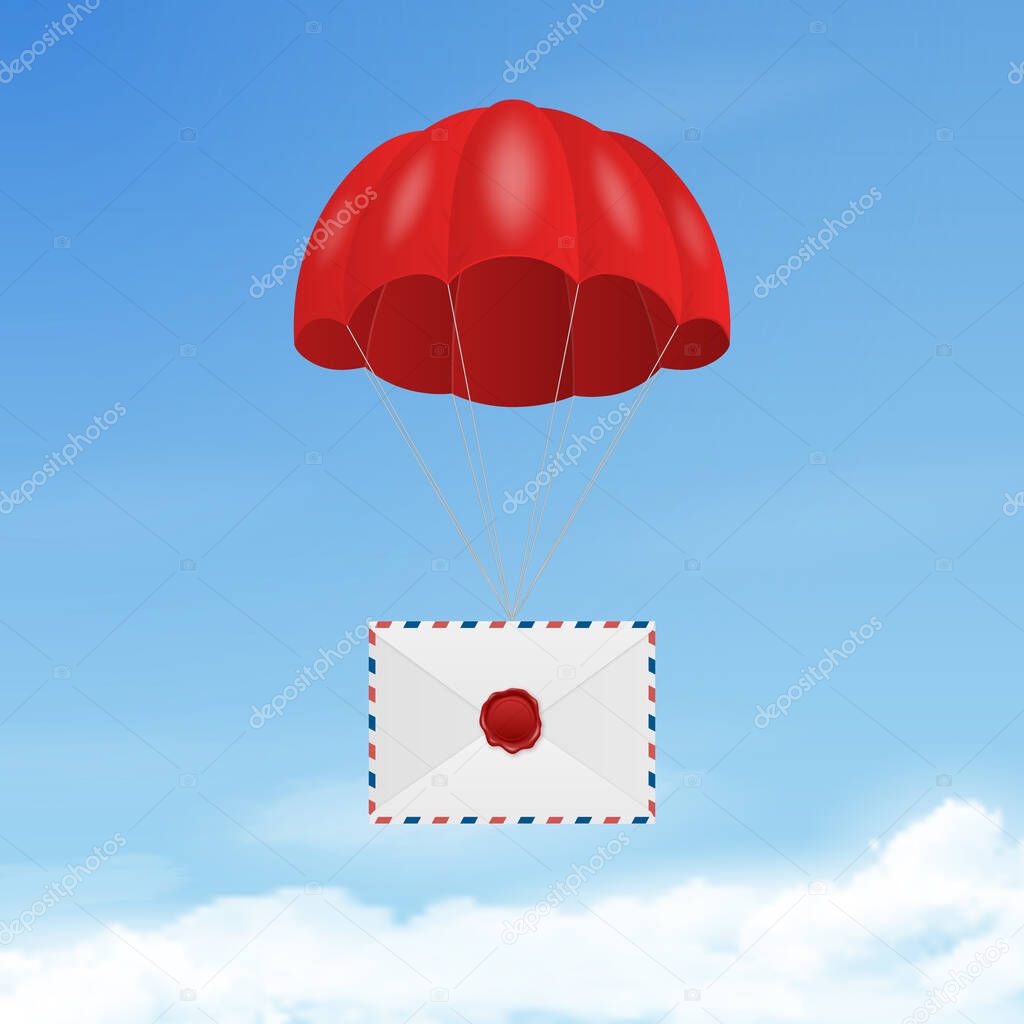 Vector 3d Realistic Vintage Letter Stamp, White Envelope with Wax Seal, Red Parachute in Blue Sky Background. Certificate, Document. Imprint, Insignia. Guarantee, Secret Sign, Label, Red Seal.