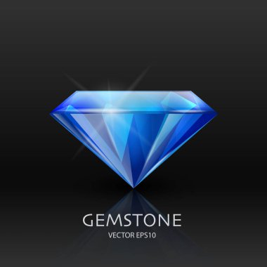 3d Gerçekçi Mavi Şeffaf Gemstone, Elmas, Kristal, Yapay Elmas Siyah Üzerine Kapanışı ile Vektör Banner. Mücevher konsepti. Tasarım Şablonu, Clipart. Yan Görünüm.