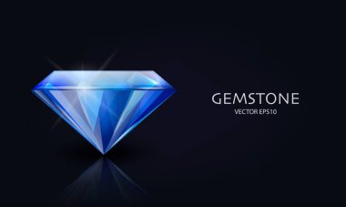 3d Gerçekçi Mavi Şeffaf Gemstone, Elmas, Kristal, Yapay Elmas Siyah Üzerine Kapalı Yapay Elmas ile vektör Yatay Sancak. Mücevher konsepti. Tasarım Şablonu, Clipart. Yan Görünüm.
