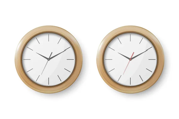 ベクトル3Dリアルな木製ライトブラウンウォールオフィスクロックアイコンセット 白に隔離された壁時計の閉鎖のデザインテンプレート ブランディングと広告のためのモックアップ フロントビュー — ストックベクタ