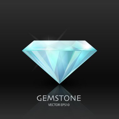 3d Gerçekçi Mavi Şeffaf Gemstone, Elmas, Kristal, Yapay Elmas Siyah Üzerine Kapanışı ile Vektör Banner. Mücevher konsepti. Tasarım Şablonu, Clipart. Yan Görünüm.
