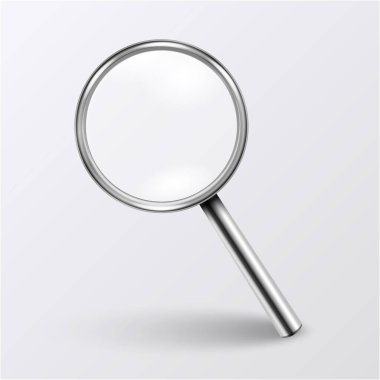 Vektör 3d Metal Gerçekçi Büyüteç ya da Loup Simgesi Kapanışı izole edildi. Grafikler için Büyüteç Simgesi Tasarım Şablonu. Ön Görünüm.