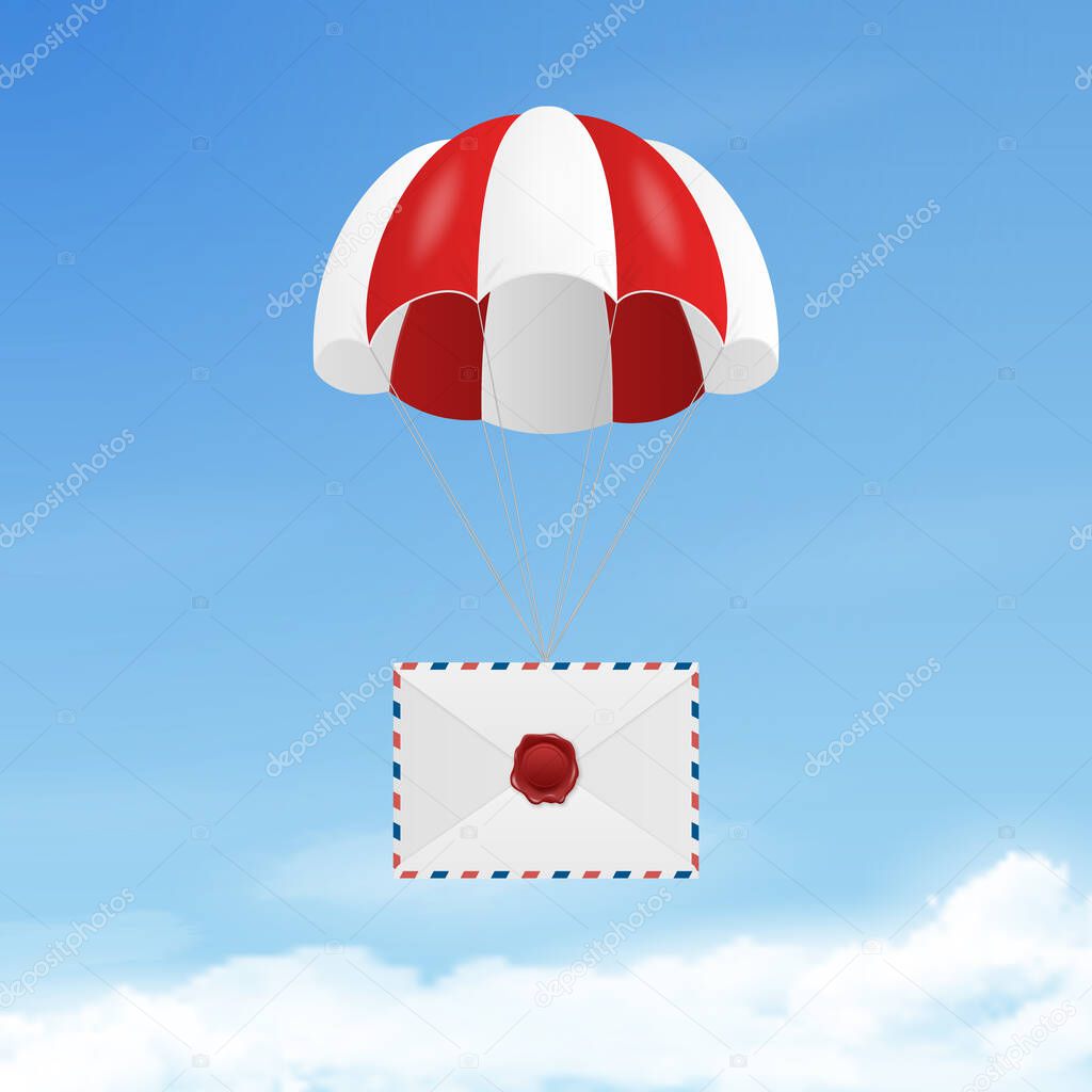 Vector 3d Realistic Vintage Letter Stamp, White Envelope with Wax Seal, Red Parachute in Blue Sky Background. Certificate, Document. Imprint, Insignia. Guarantee, Secret Sign, Label, Red Seal.