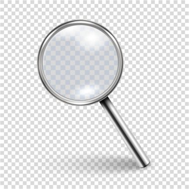 Vektör 3d Metal Gerçekçi Büyüteç ya da Şeffaf Arkaplan 'da izole edilmiş Loup Simgesi Kapanışı. Grafikler için Büyüteç Simgesi Tasarım Şablonu. Ön Görünüm.