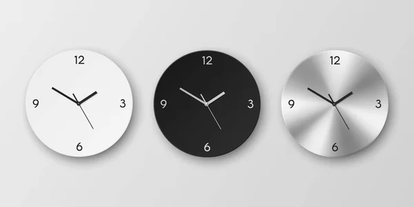 Vecteur Réaliste Rond Blanc Noir Argent Chrome Horloge Murale Acier — Image vectorielle