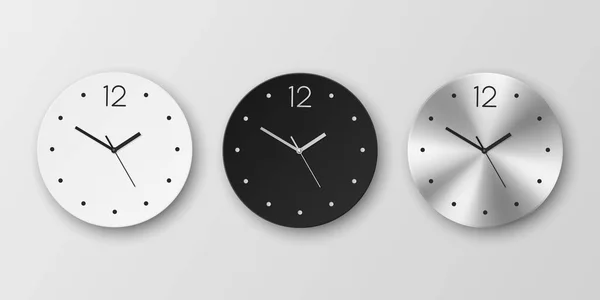 Vecteur Réaliste Rond Blanc Noir Argent Chrome Horloge Murale Acier — Image vectorielle