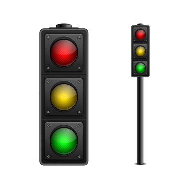 Vektör 3d Gerçekçi Detaylı Trafik Işığı Simgesi İzole Edildi. Güvenlik Kuralları Konsepti Tasarım Tapınağı. Stop lambası, trafik ışıkları..