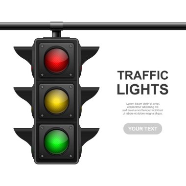 3d Gerçekçi Detaylı Trafik Işıkları İzole Edilmiş Vektör Afişi. Güvenlik Kuralları Konsepti Tasarım Tapınağı. Stop lambası, Trafik Işıkları Şablonu.