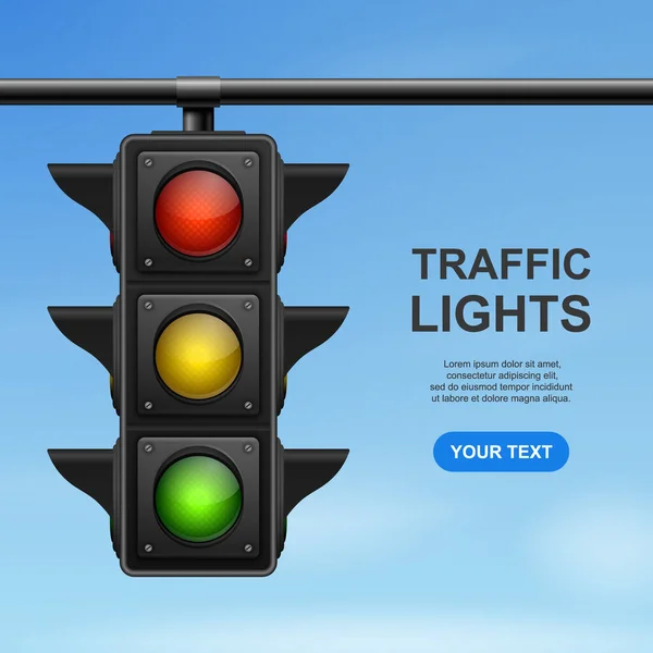 Gerçekçi Detaylı Trafik Işıkları Mavi Gökyüzü Arkaplanına Sahip Vektör Afişi — Stok Vektör