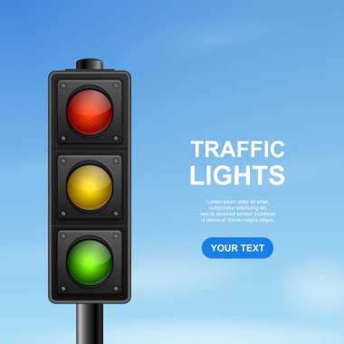 3d Gerçekçi Detaylı Trafik Işıkları Mavi Gökyüzü Arkaplanına sahip Vektör Afişi. Güvenlik Kuralları Konsepti Tasarım Tapınağı. Stop lambası, Trafik Işıkları Şablonu.