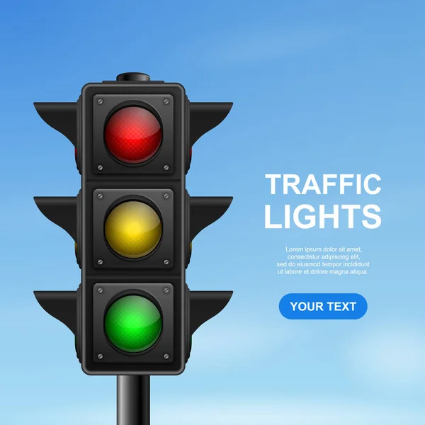 Gerçekçi Detaylı Trafik Işıkları Mavi Gökyüzü Arkaplanına Sahip Vektör Afişi — Stok Vektör