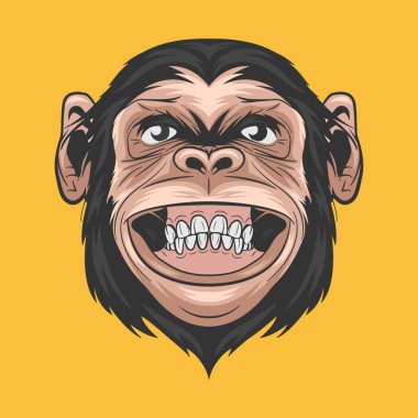 Vektör El Gülümseyen Şempanze Maymun. Renkli Soyut Komik Maymun Kafa Duvar Sanatı, Tişört Yazdırma, Poster. Şirin Şempanze Maymun Simgesi, Logo, Çizim.