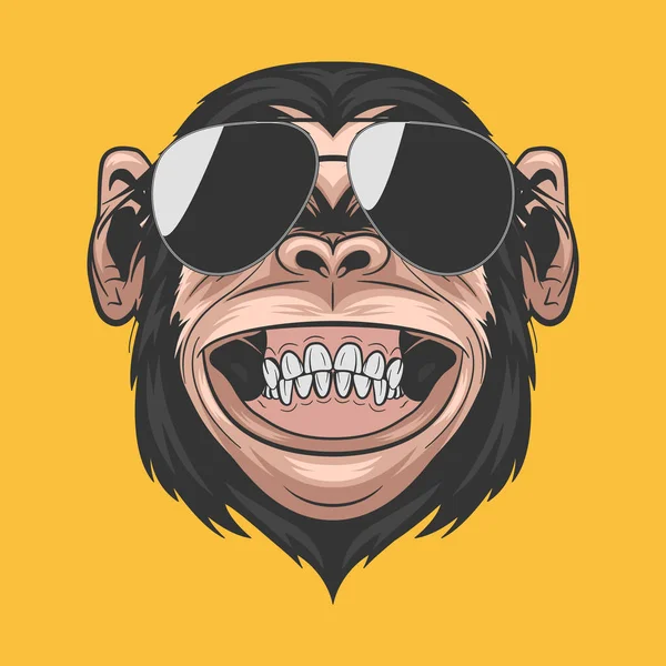 ベクトルハンドが笑顔のチンパンジーの猿をサングラスで描いた カラーアブストラクト面白いモンキーヘッドウォールアート Tシャツプリント ポスター 漫画かわいいチンパンジーの猿のアイコン イラスト — ストックベクタ