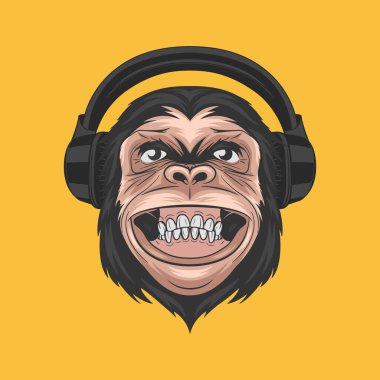 Vektör El Çizimi Gülümseyen DJ Şempanze Maymun kulaklıklı. Renkli Soyut Komik Maymun Kafa Duvar Sanatı, Tişört Yazdırma, Poster. Şirin Şempanze Maymun Simgesi, Logo, Çizim.
