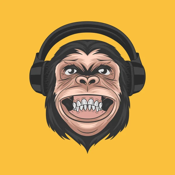 Vector Dibujado Mano Sonriente Chimpancé Mono Con Auriculares Color Abstracto — Archivo Imágenes Vectoriales