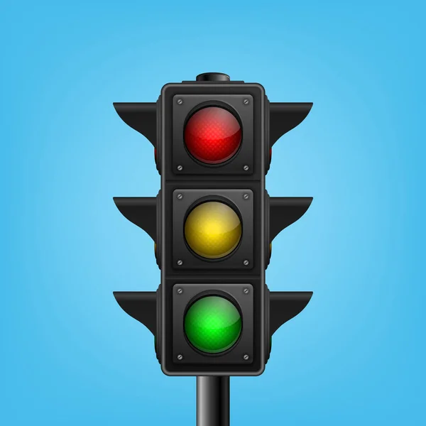 Gerçekçi Detaylı Trafik Işıkları Mavi Arkaplanda Olan Vektör Banner Güvenlik — Stok Vektör