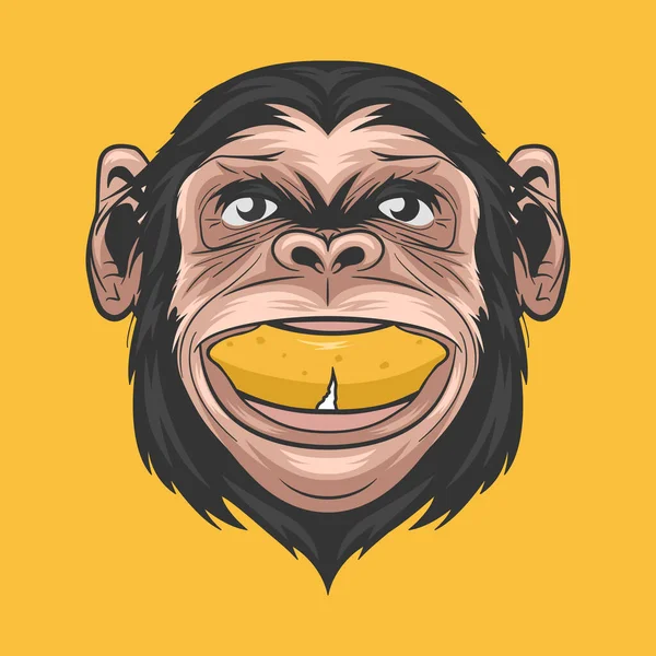 Vector Hand Drawn Smiling Chimpanzee Ape with Banana in His Mouth. Colored Abstract Funny Monkey Head for Wall Art, T-shirt Print, Poster. Cartoon Cute Chimp Monkey Icon, Logo, Illustration.