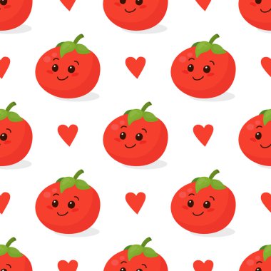Beyaz domatesli kusursuz desenli şirin domates. Gülen Komik Domates. Kart, Giysi, Tekstil Yazdırma İçin Kusursuz Arkaplan. Çocuk Tasarımı, Çocuklar, Bebek, Vegan, Vejetaryen, Gıda Konsepti.