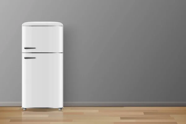 3Dリアルな光沢のあるホワイトレトロヴィンテージ冷蔵庫付きベクトルバナー 垂直シンプルな冷蔵庫 閉じられた冷蔵庫 デザインテンプレート 冷蔵庫のモックアップ フロントビュー — ストックベクタ